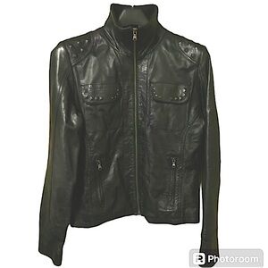 Plonge Buttery Soft Black Leather Studded Shoulder Pockets Jacket Size M